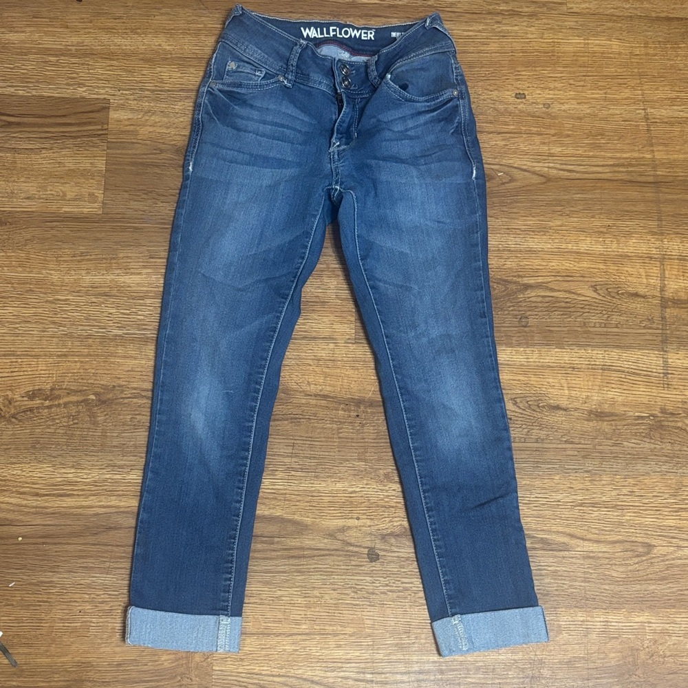 Wallflower Women's Medium Blue Boyfriend Jeans with Cuffed Hem